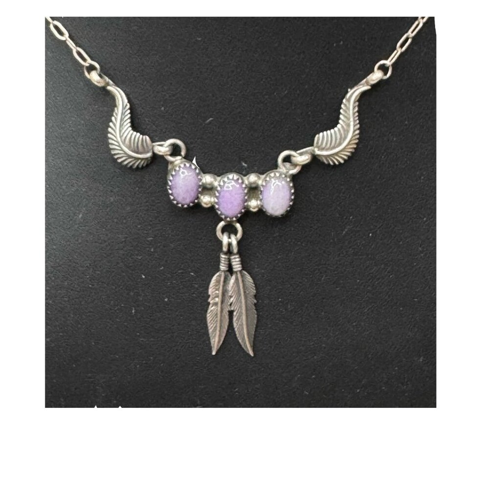 Vintage Navajo Sterling Silver Necklace Purple Amethyst Feather Pendant 20"